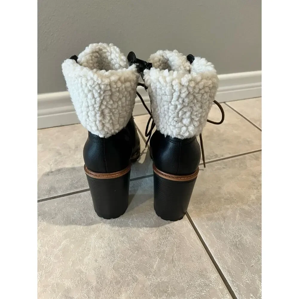 Nine West Penni Fur Booties/Lace Up Sherpa Combat Heeled Lined Women's Size 10M - Picture 3 of 5